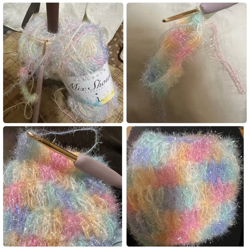 ハンドメイド　新しいヤーン(毛糸)で、たわしを作る