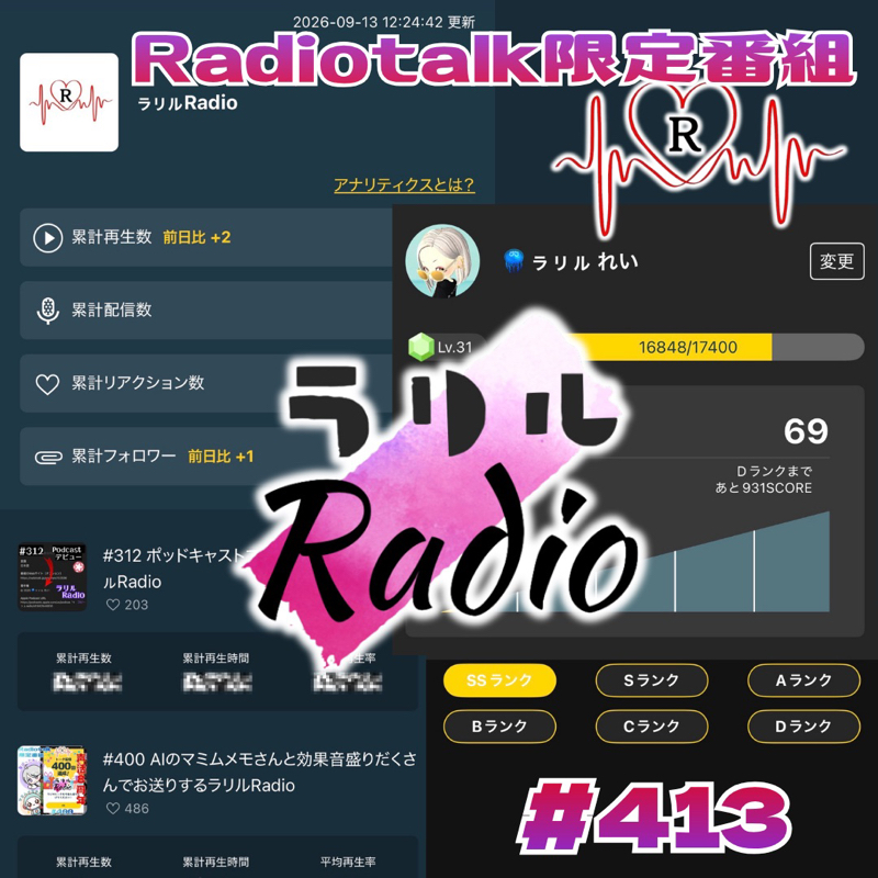 #413 自分の番組データとランキングについて語るラリルRadio