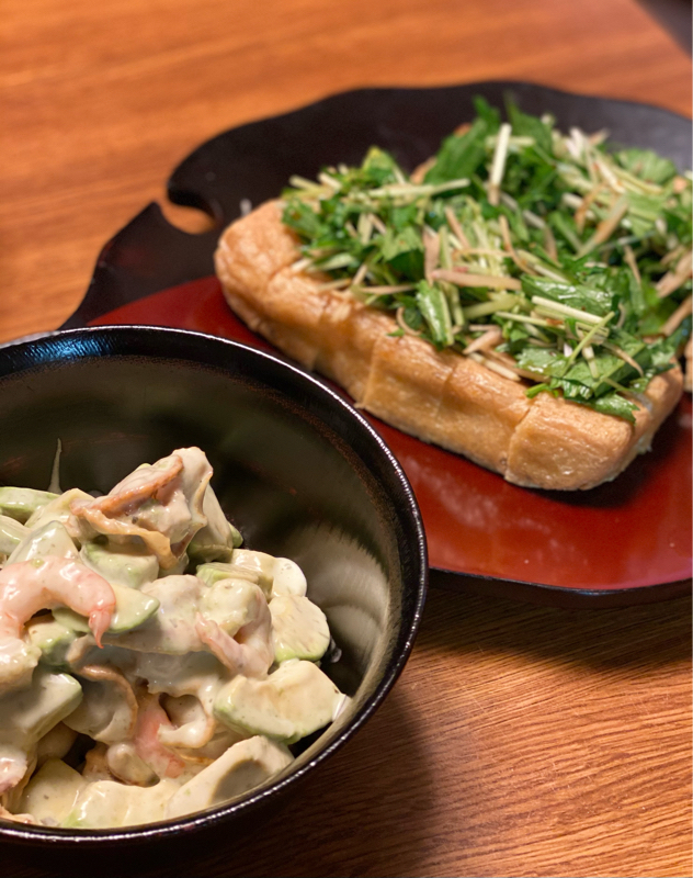 #15 料理の凡人『アボカドと海老のバジルチーズサラダ』『栃尾揚げの焼いたの』