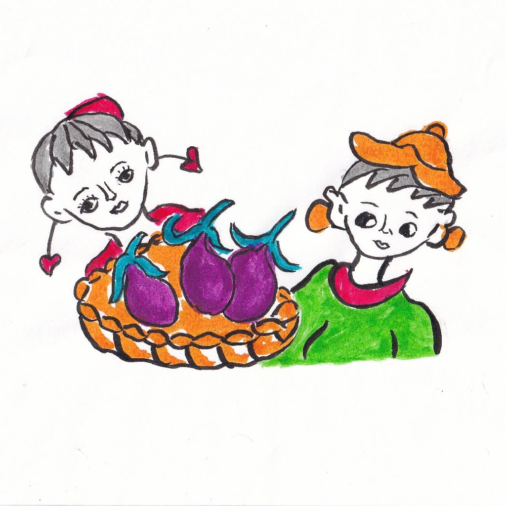 茄子の艶親子の笑顔満ちてけり◇95歳のイラストと俳句のコラボ作品です♥️