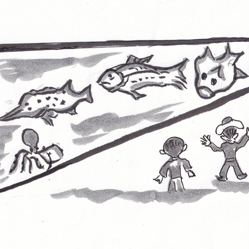 夏深し大水槽を舞う魚◇95歳のイラストと俳句のコラボ作品です♥️