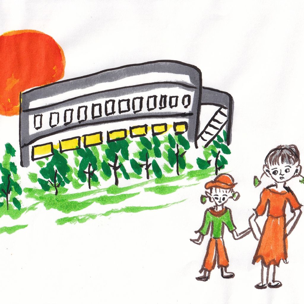 ビル街に沈む夕日に息をのむ◇95歳のイラストと俳句のコラボ作品です♥️