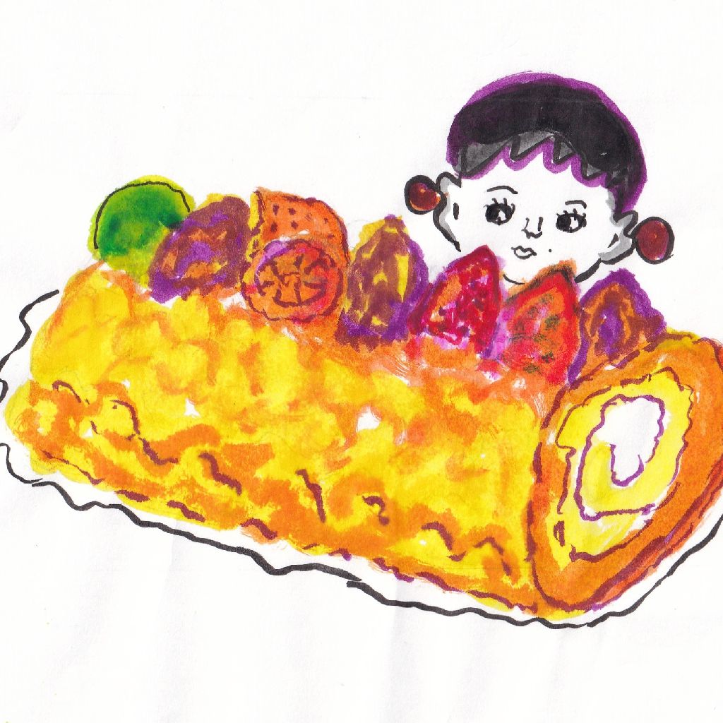 うっとりとロールケーキに秋の彩❇️95歳のイラストと俳句のコラボ作品です♥️