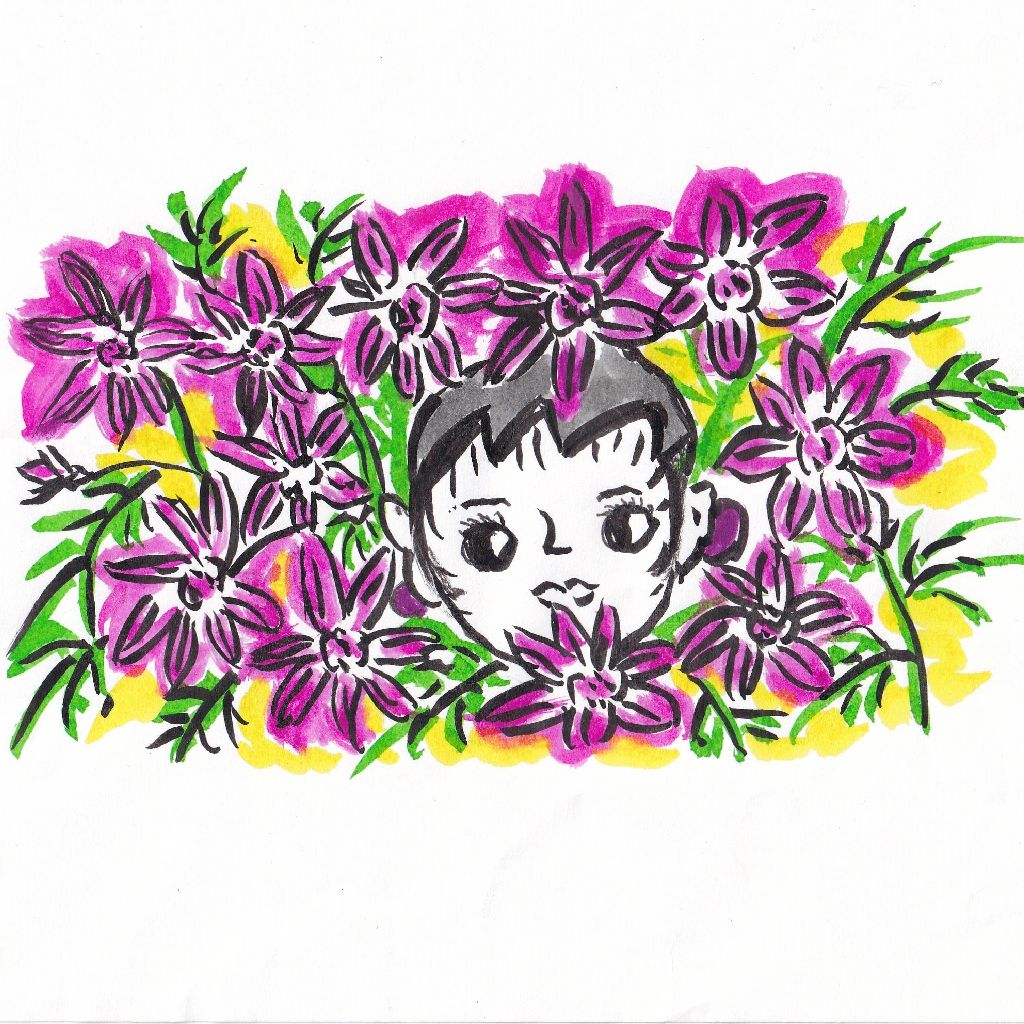 秋桜に包まれ気づく吾の幸❇️95歳のイラストと俳句のコラボ作品です