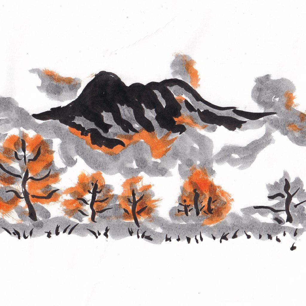 ゆるやかに時を染めゆく山紅葉❇️95歳のイラストと俳句のコラボ作品です。