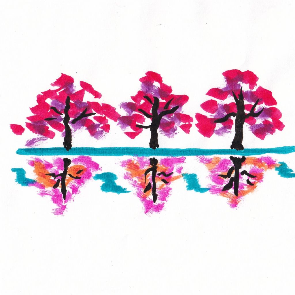 水鏡色を重ねて散る紅葉🍁95歳のイラストと俳句のコラボ作品です♥️