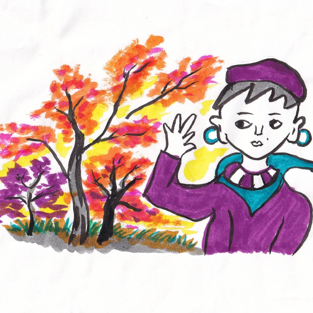 麗しき燃え立つ紅葉振り返る✨95歳のイラストと俳句のコラボ作品です♥️