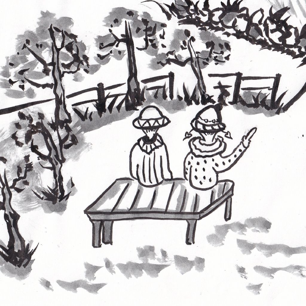 春風やベンチに並ぶ影二つ⭐95歳のイラストと俳句のコラボ作品です。