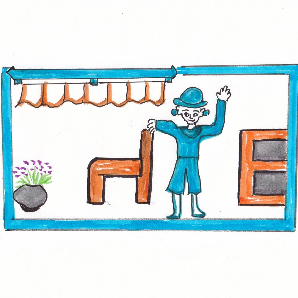 春光や椅子と二人のストレッチ⭐95歳のイラストと俳句のコラボ作品です。