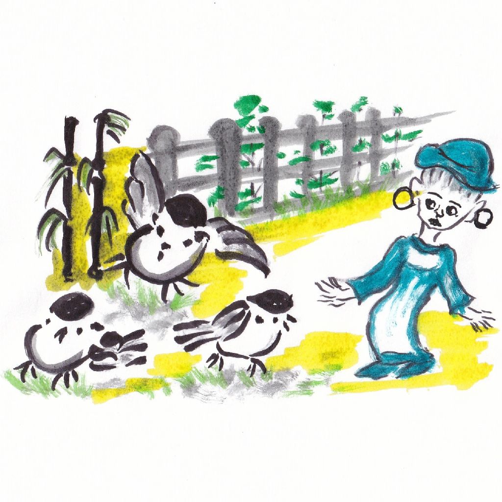 さえずりの弾けて遊ぶ庭の春⭐95歳のイラストと俳句のコラボ作品