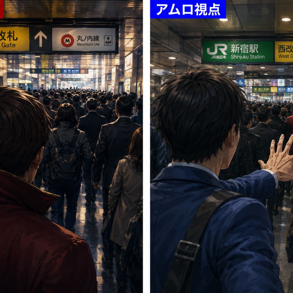 アムロとシャアの関係性を、新宿の地下道・改札前の風景に重ねて表現しました。